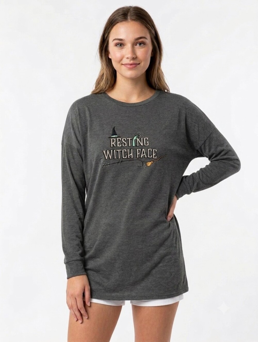 Resting Witch Face Long-Sleeve Tee - Charcoal Halloween Theme Up To Size 3XL